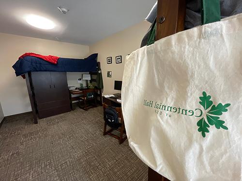 A centennial hall cloth bag hanging in the triples room. A bunk bed with study table below is visible on the other end of the room